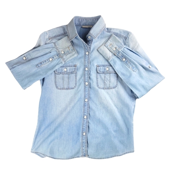 HALOGEN Medium Wash Patch Pocket Denim Button Down - Picture 1 of 8